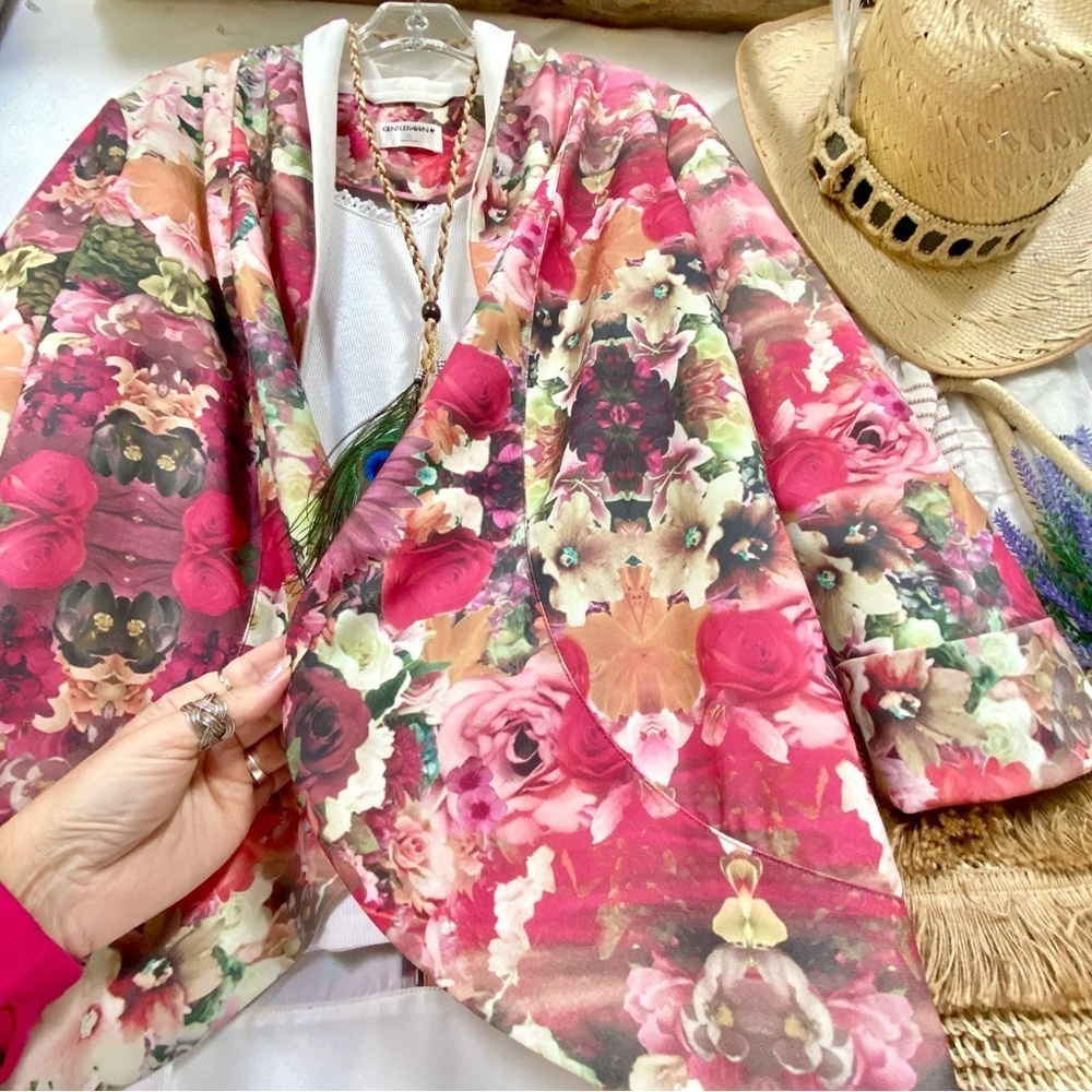 Anthropologie GENTLE FAWN floral boho waterfall front blazer w shabby chic vibe